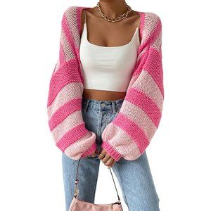 Women's Color Block Striped Open Front Crop Top Long Sleeve Shrug Sweater